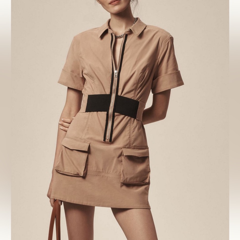 Maeve Camel Zip-Up Dress with Black Accents